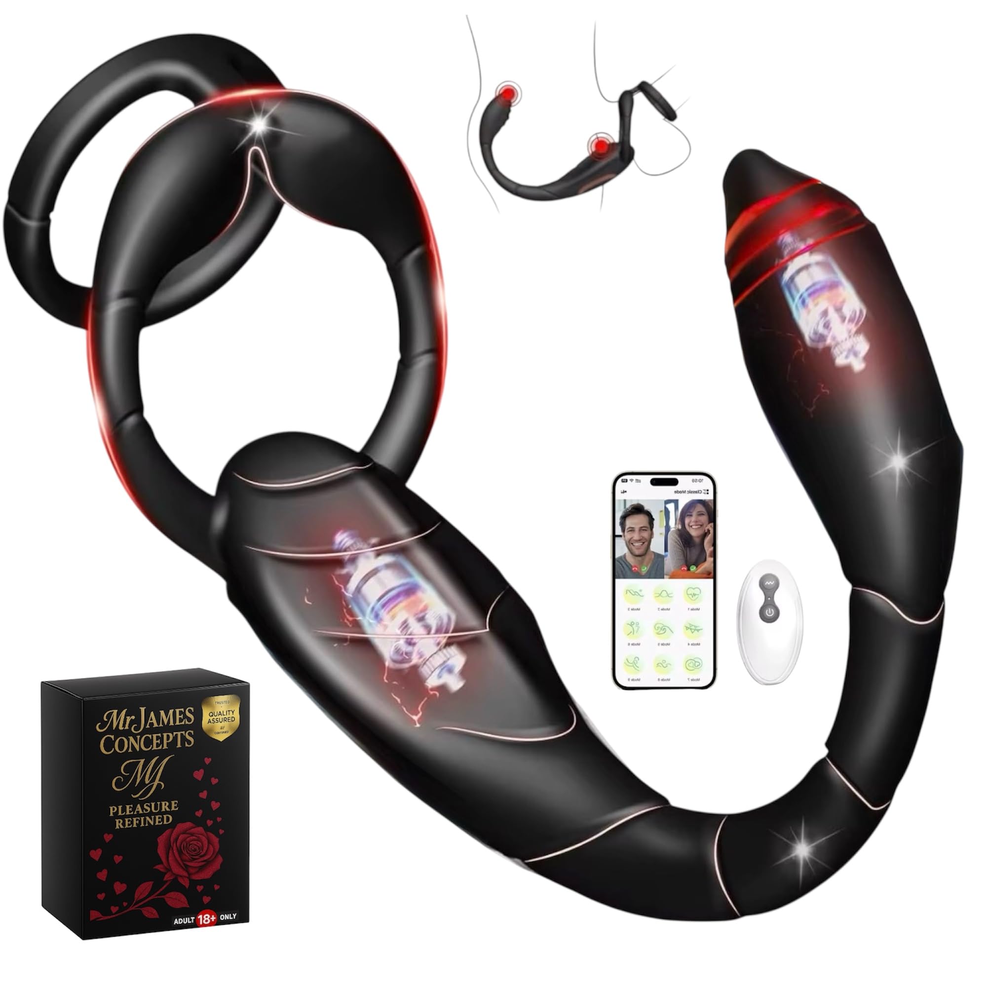 Mr. James Concepts – Masajeador de Doble Estimulación con Control mediante App y Mando Inalámbrico, Anillo Ergonómico, 10 Modos de Vibración, Carga Magnética USB | Solo para Adultos (18+)