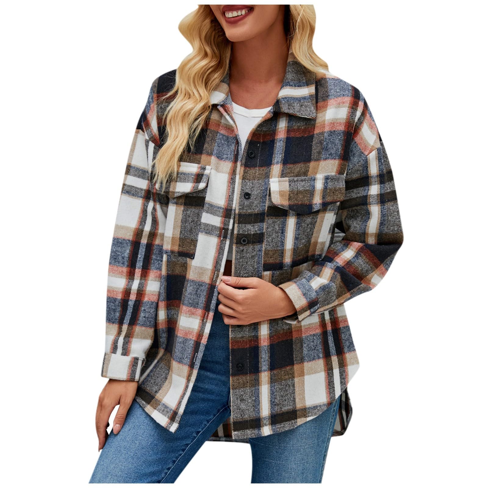 Taymeis Womens Flannel Shirt Lapel Button Down Plaid Shacket Jacket Long Sleeve Warm Fall Clothes Outfits 2023