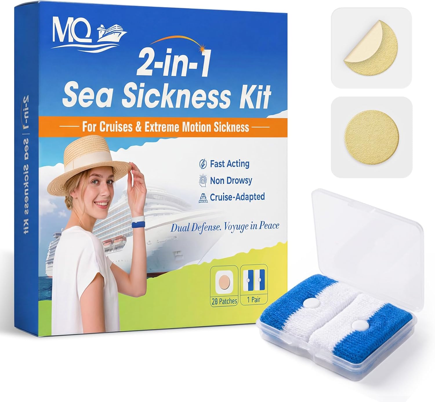 MQ 1Pair Motion Sickness Wrist Bands Utilizing Acupressure Method and 28ct Sea Sickness Patches, Motion Sickness Wristbands for Cruise & Flight, Travel Essentials Non-Drowsy, Effective, Long-Lasting