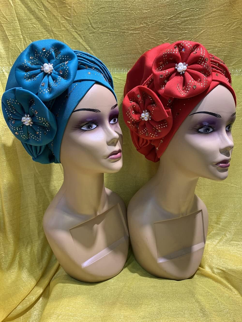 Cobric Newest Already Made Turban Caps with Big Flower Beads African Headtie Turban Headwrap Headband Accessories 12pcs/Pack Color 482