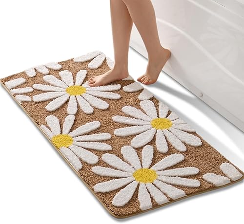 Miniatura 8 de QJHOMO Alfombra de baño beige con diseño de margaritas, decoración de flores blancas y amarillas, alfombra antideslizante de microfibra, súper