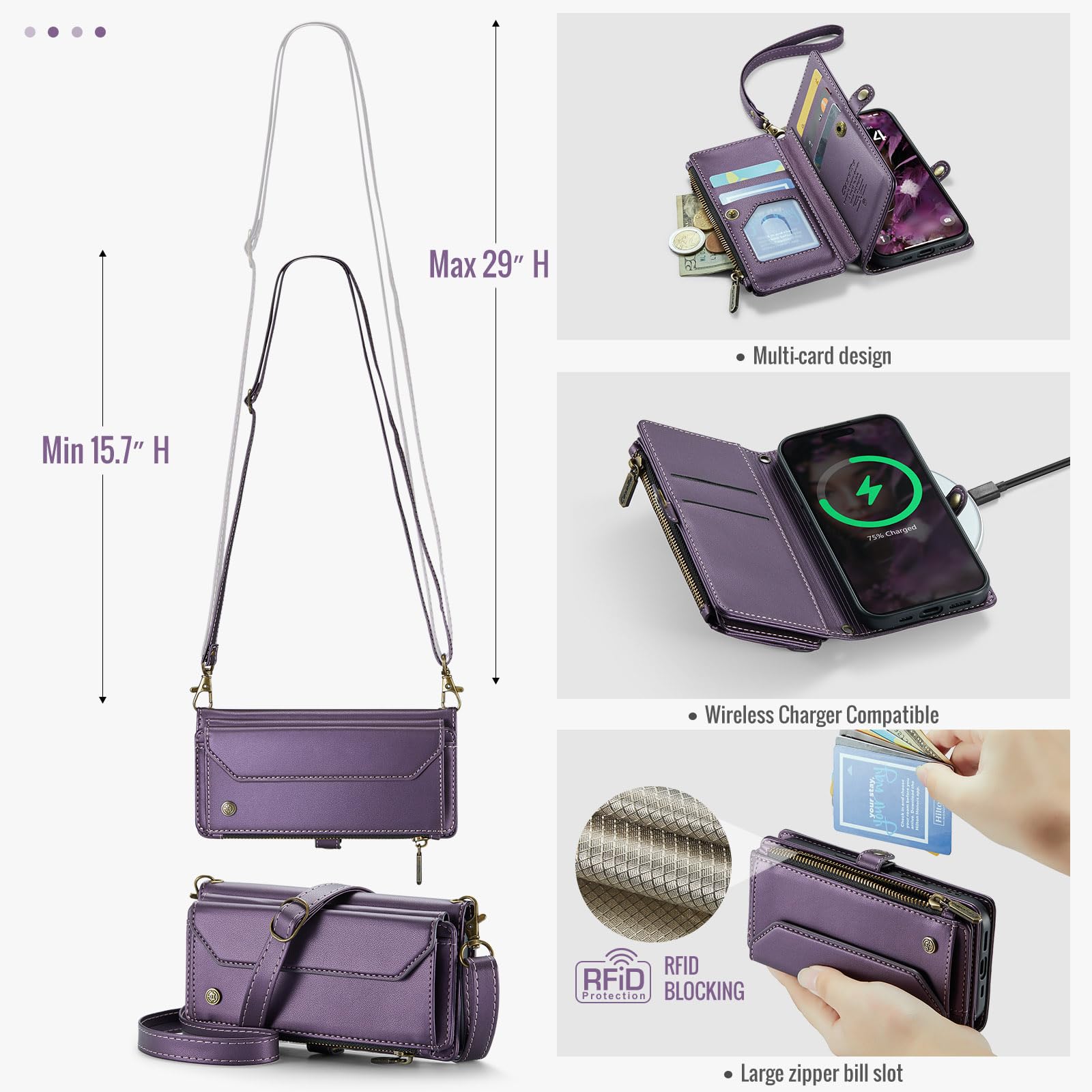 Dteck Custodia a portafoglio per iPhone 16 2024, con tracolla e cordino da polso, blocco RFID, slot per carte e tasche, custodia protettiva in pelle PU con funzione borsa/supporto, viola