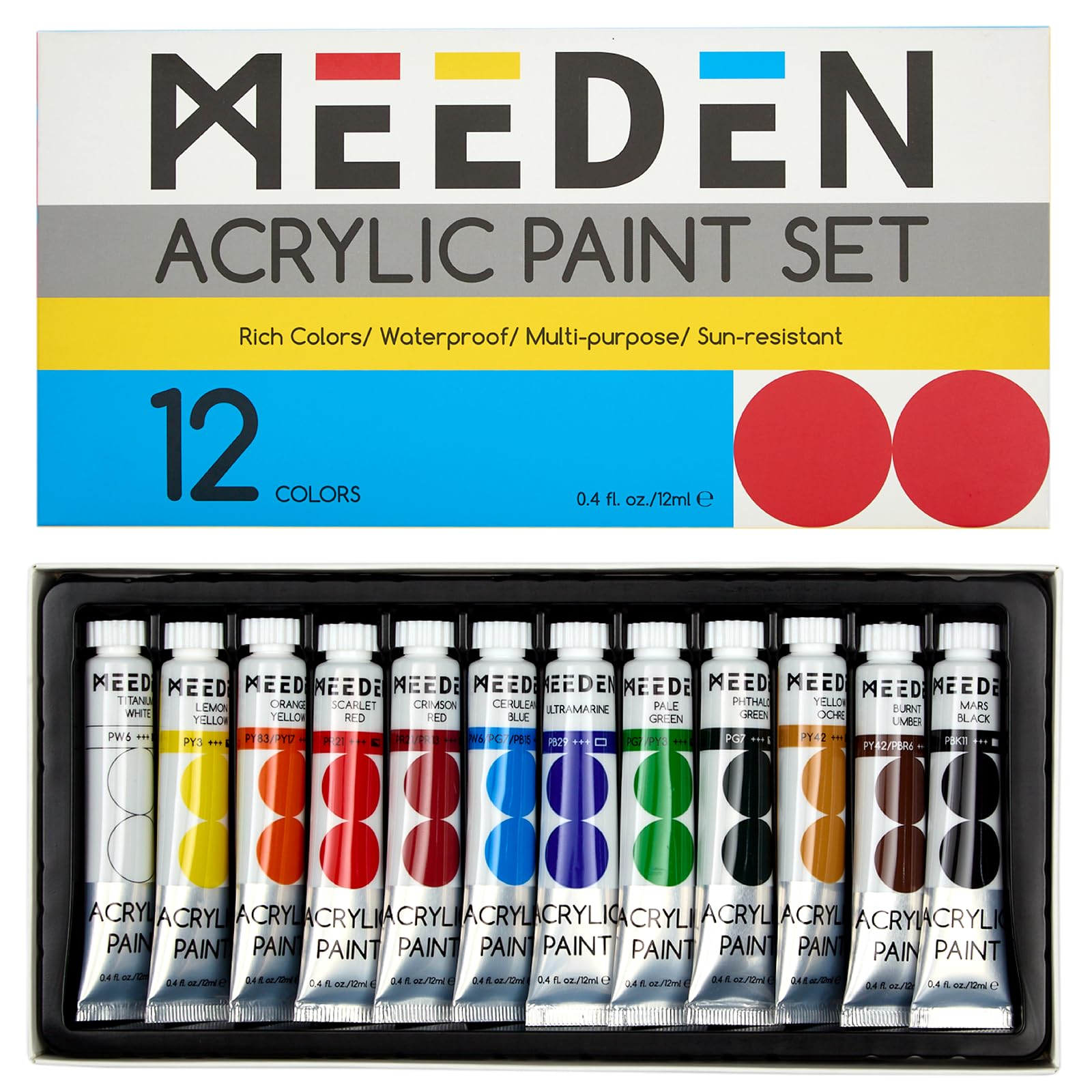 MEEDEN Beginners Acrylic Paint Set: 12 Colours 12ml/0.41 fl oz Heavy Body Starter Set - Non-toxic Rich Pigments Art Paint for Adults Hobbists Painting on Canvas Wood Fabric Craft
