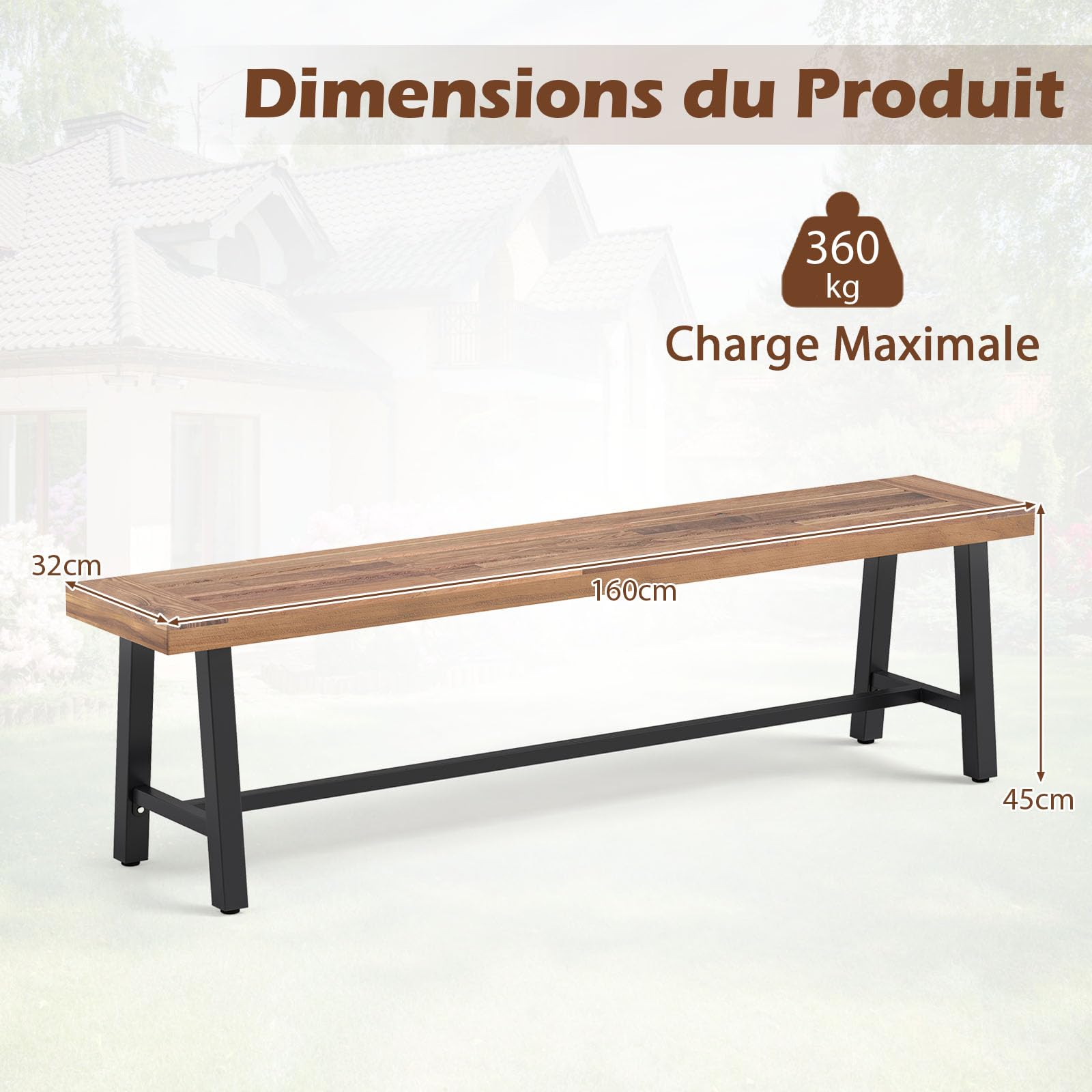 GOPLUS Banc de Terrasse de 160 cm, Banc de Salle à Manger Long en Bois d'Acacia, Siège d'Extérieur sans Dossier pour 3 Personnes, Capacité 360 KG, pour Porche, Cour, Jardin (160x32x45cm,2)