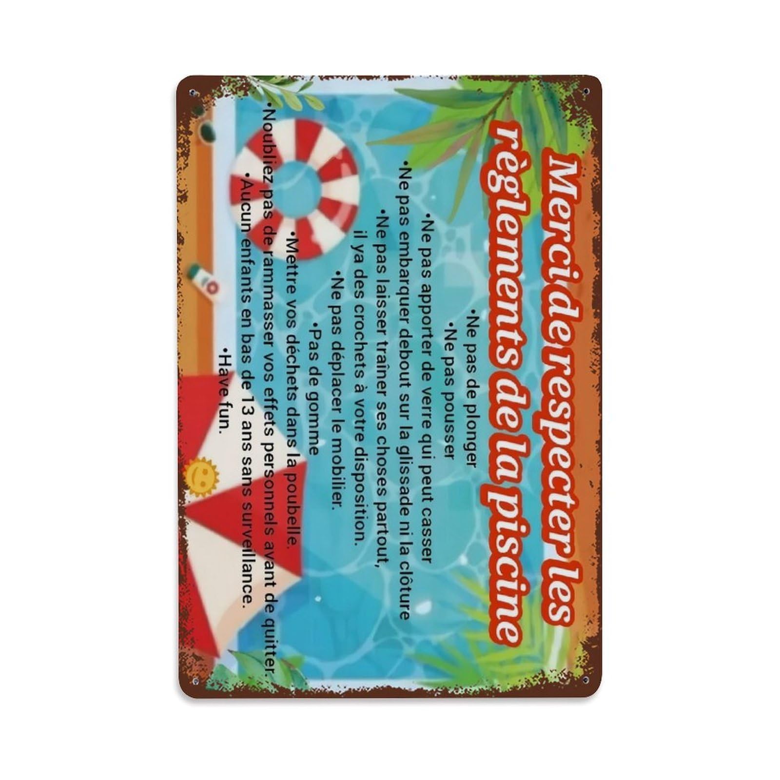 French Pool Rules Règlements De La Piscine Notice Sign Vintage Aluminium Metal Sign, Retro Wall Decor for Home, Bar, Garage & Farmhouse 30x20cm
