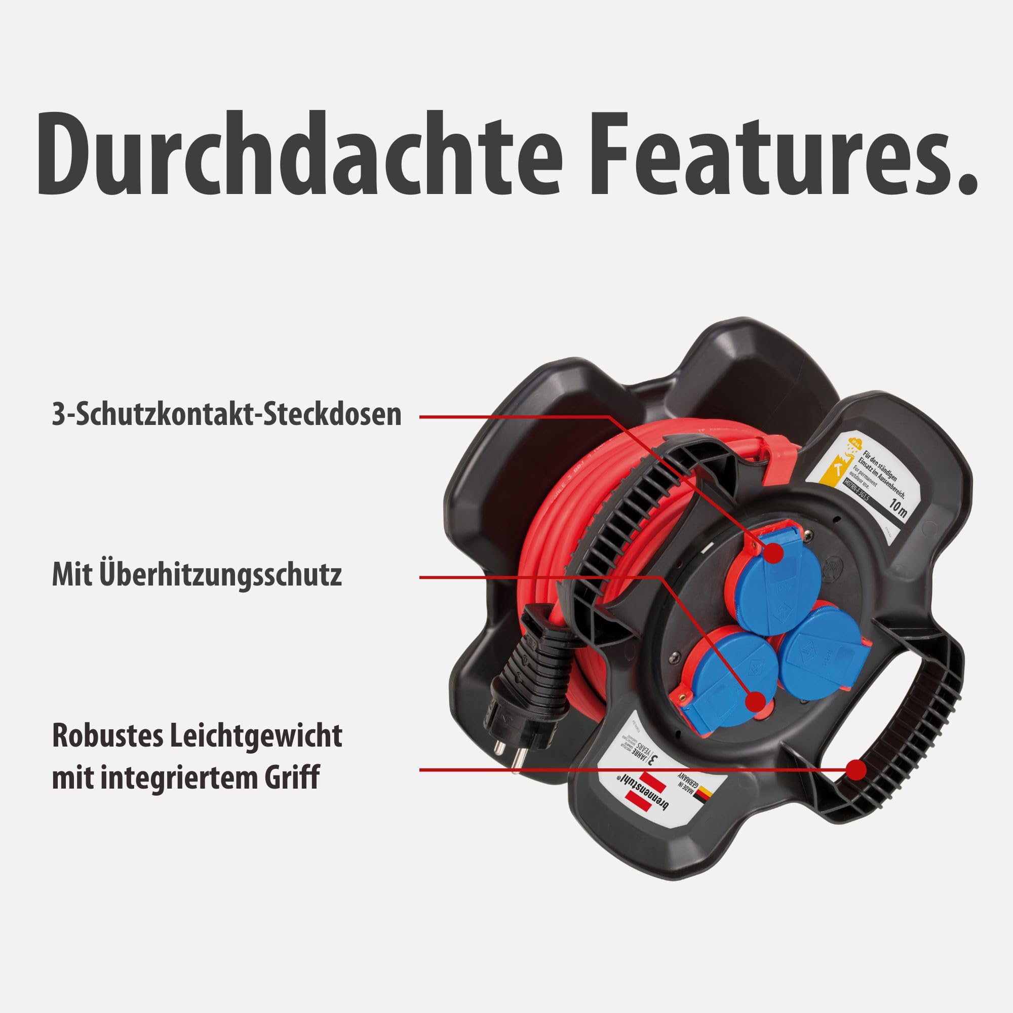 Brennenstuhl Gummi-Kabelhaspel X-Gum IP44 / Kabeltrommel für die Baustelle aus Gummi (10m, ständiger Einsatz im Außenbereich, Spezial-Gummimischung, Made in Germany)