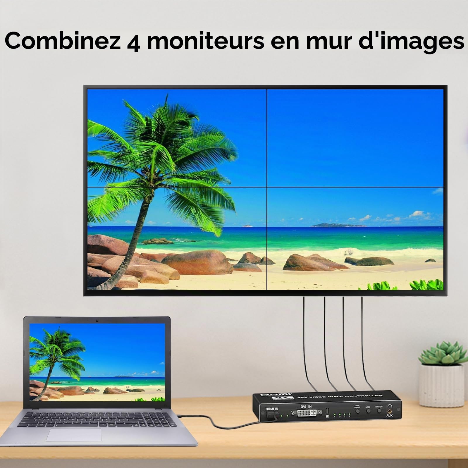 Contrôleur de Mur vidéo 4K HDMI 2x2, processeur de Mur vidéo pivotant de 180° avec télécommande IR, 8 Modes de Collage 1x1 1x2 1x3 1x4 2x1 3x1 4x1, combinez 4 écrans en Un Affichage Mural.