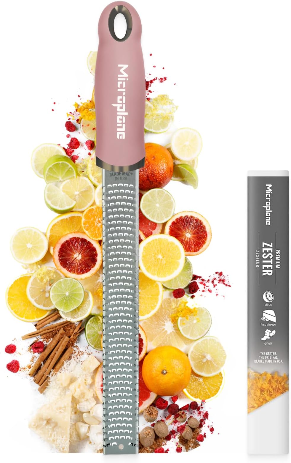 Microplane Zester Grater in Dusty Rose for Citrus Fruits, Hard Cheese, Ginger, Chocolate and Nutmeg with Fine Stainless Steel Blade - Made in USA