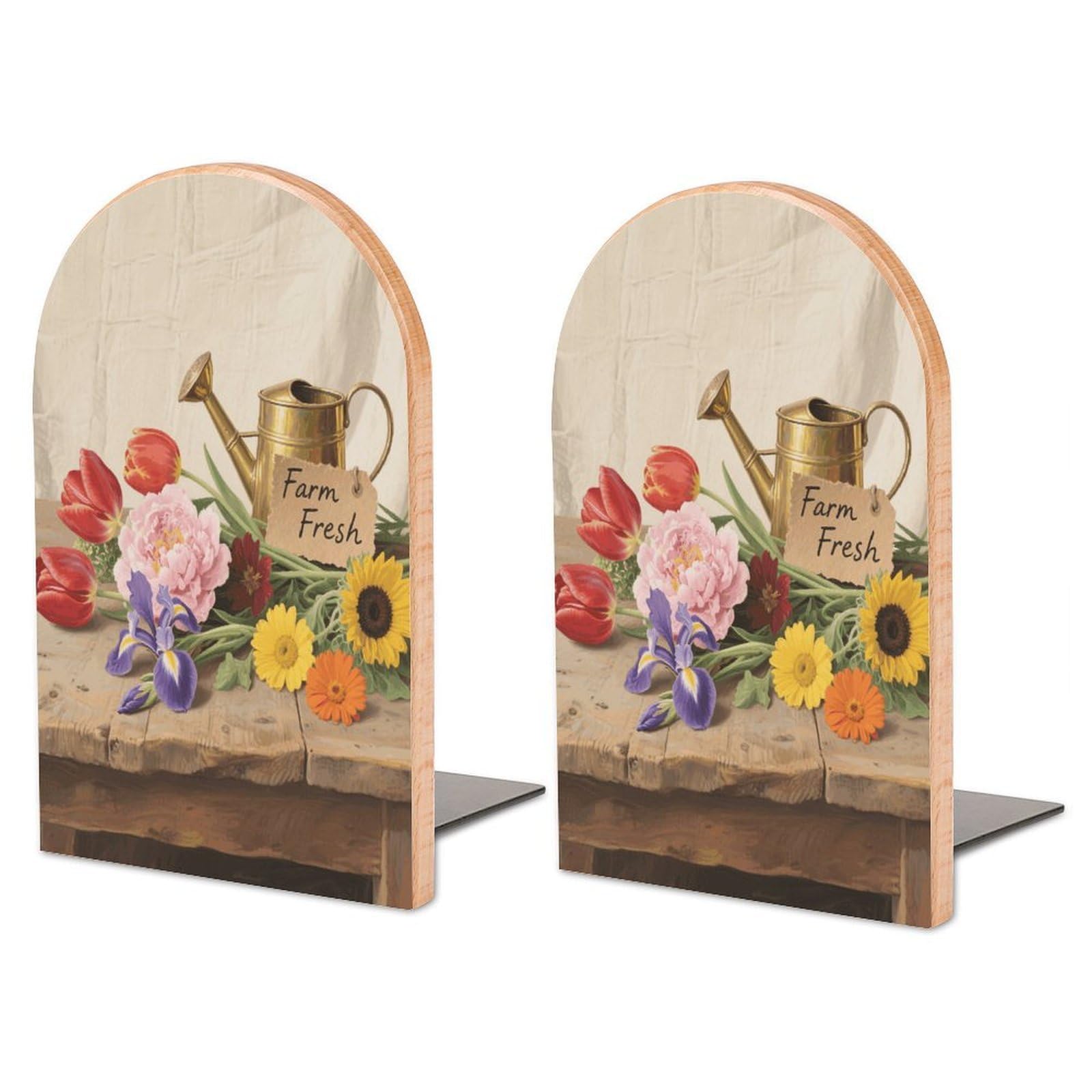 Sujetalibros de flores coloridas Farm Fresh de madera y metal para estantes