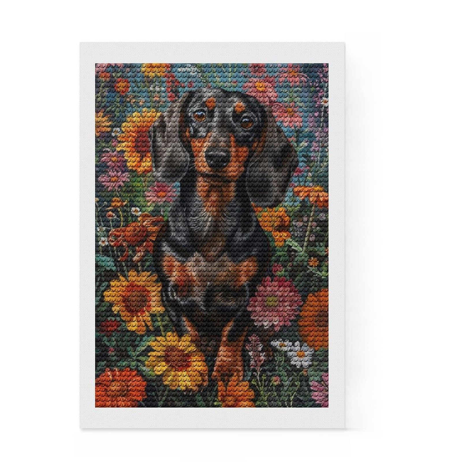 Junmoney Floral Dachshund Portrait Diamond Painting Set 8"x12", Printed Canvas, Finish and Display, Home Wall Decor, Gift Idea, Neat Printed Canvas