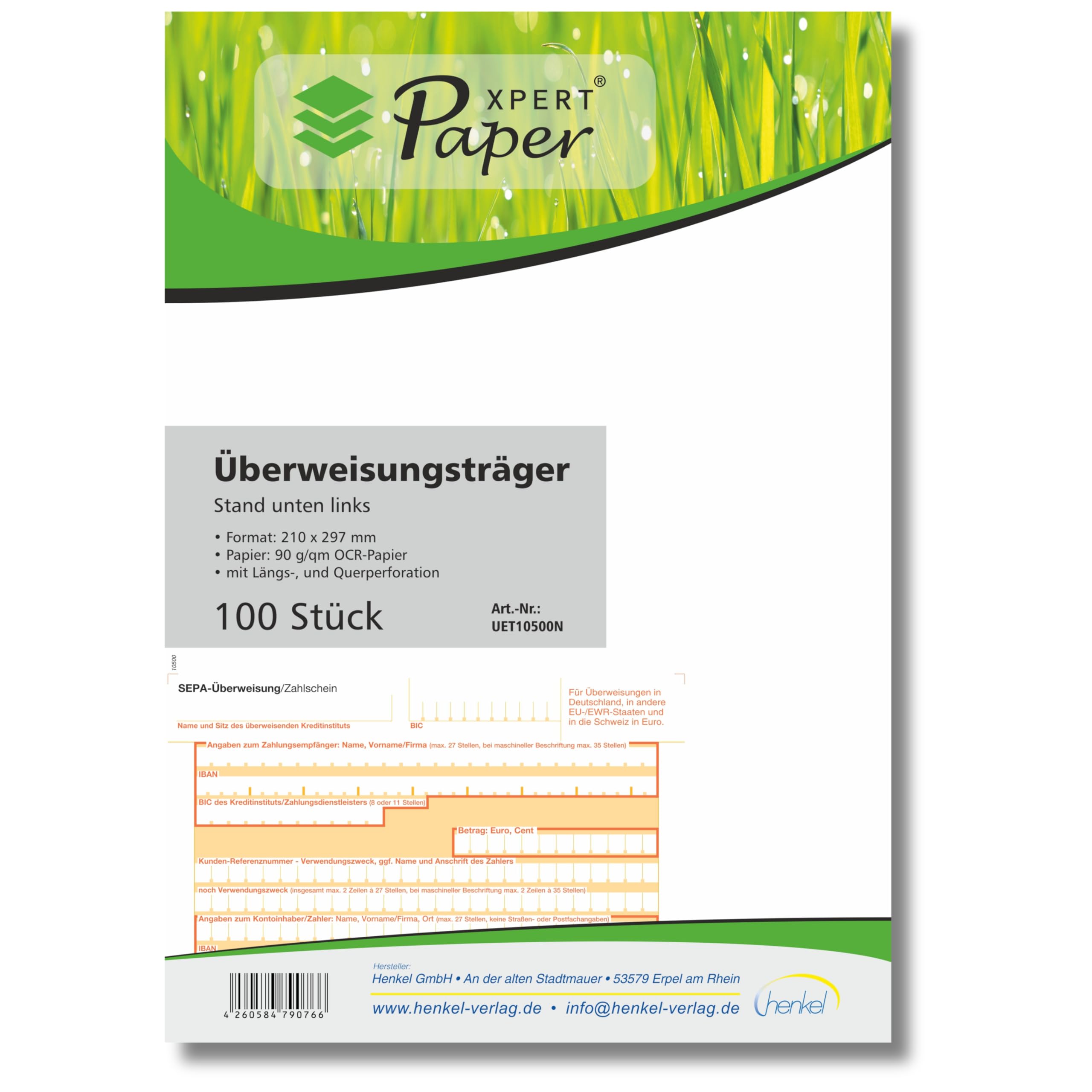 PaperXpert Transfer Carrier SEPA - Stand Bottom Left | DIN A4 | 90 g/m OCR Receipt Reading Paper | Premium Brand Quality - Made in Germany x 100