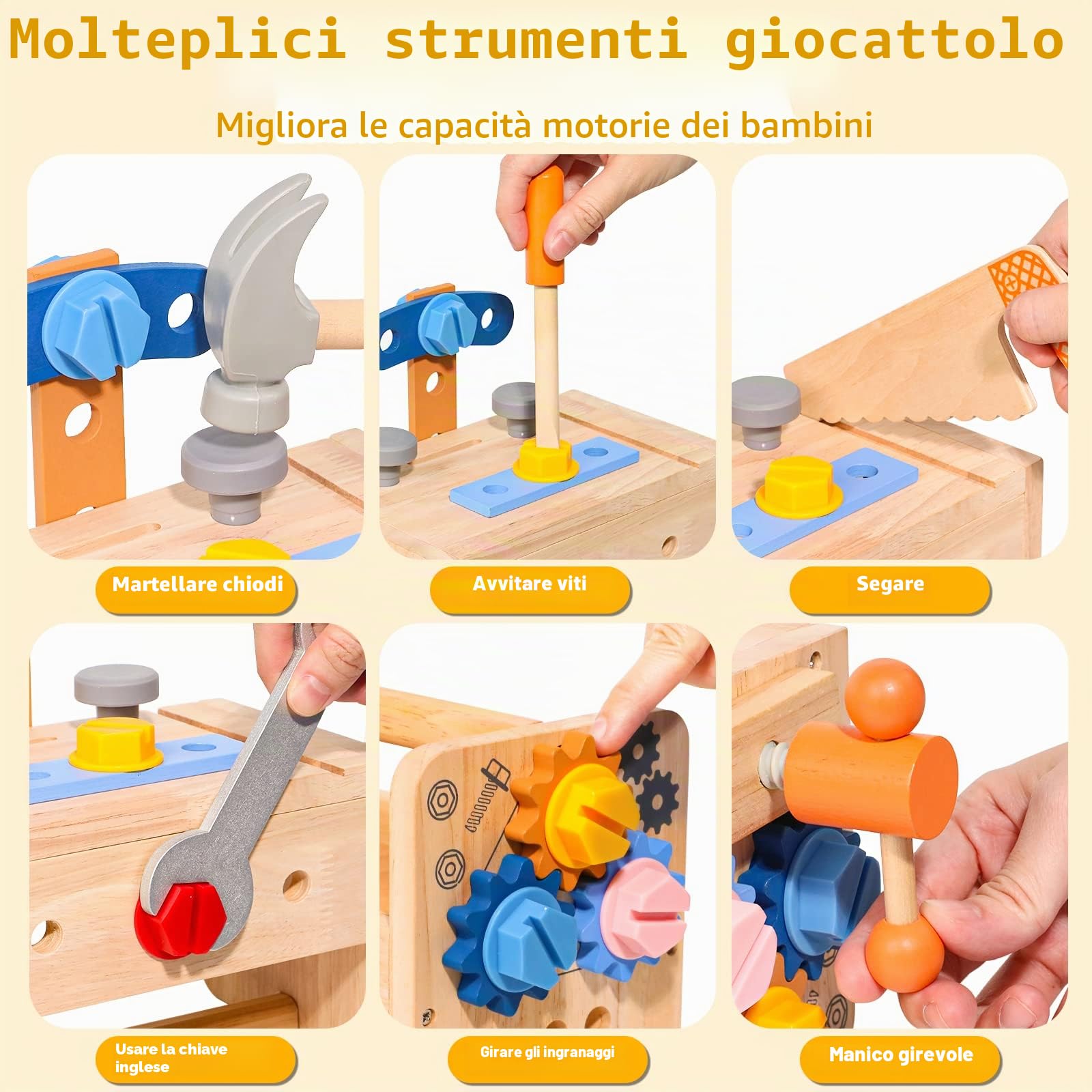Cassetta Attrezzi Bambini, Banco da Lavoro per Bambino, Giochi Legno Costruzioni per Bambini con Grembiule, Giochi Bambina Bimbo Educativi Regalo Bimbo 2 3 4 Anni, 39 Pezzi Attrezzi Giocattolo Bambino