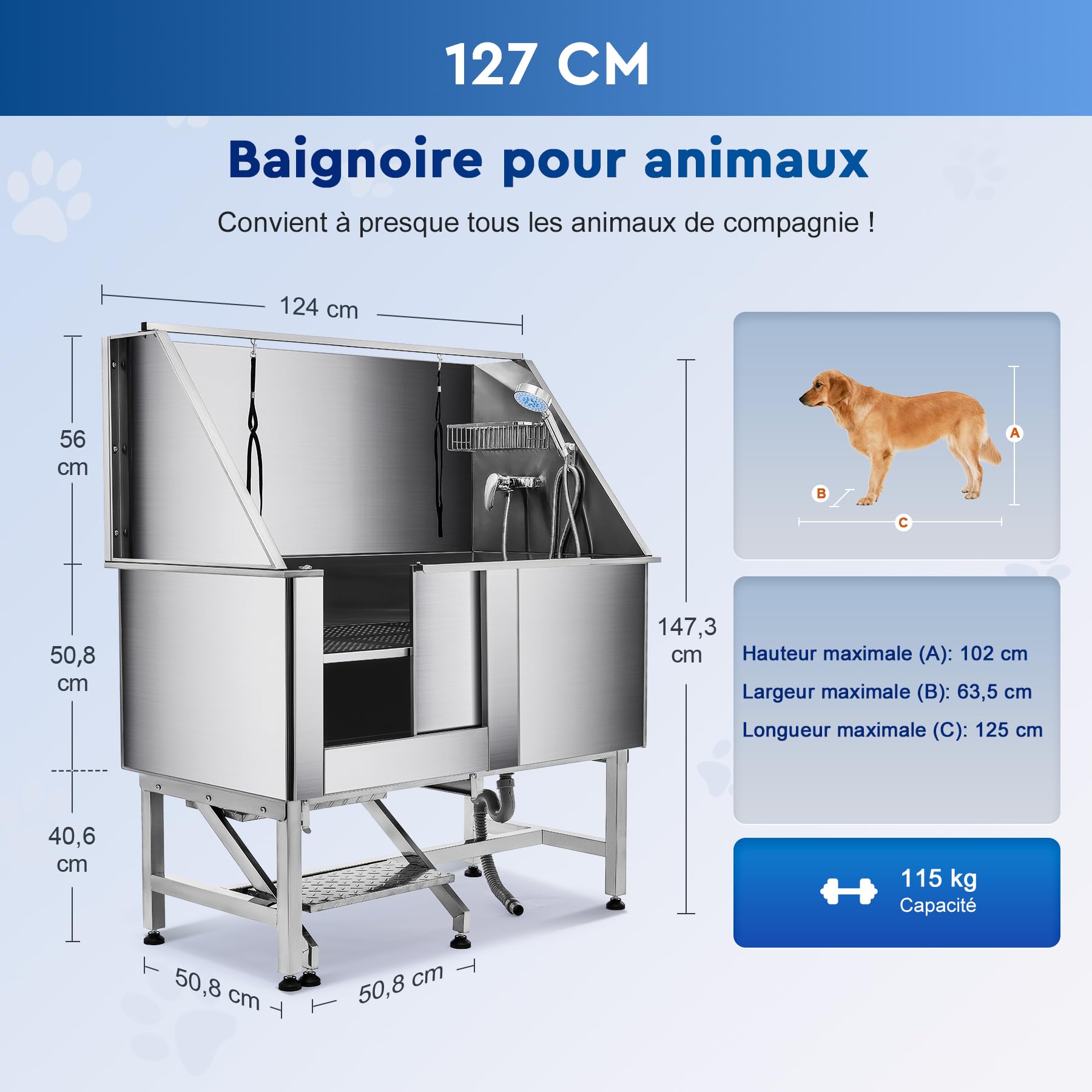 Baignoire de Toilettage pour Chien 127CM Capacité 115KG en Acier Inoxydable 304 Station de Bains pour Grands Chiens avec Escaliers et Pomme de Douche, pour Maison Hôpital Animalerie