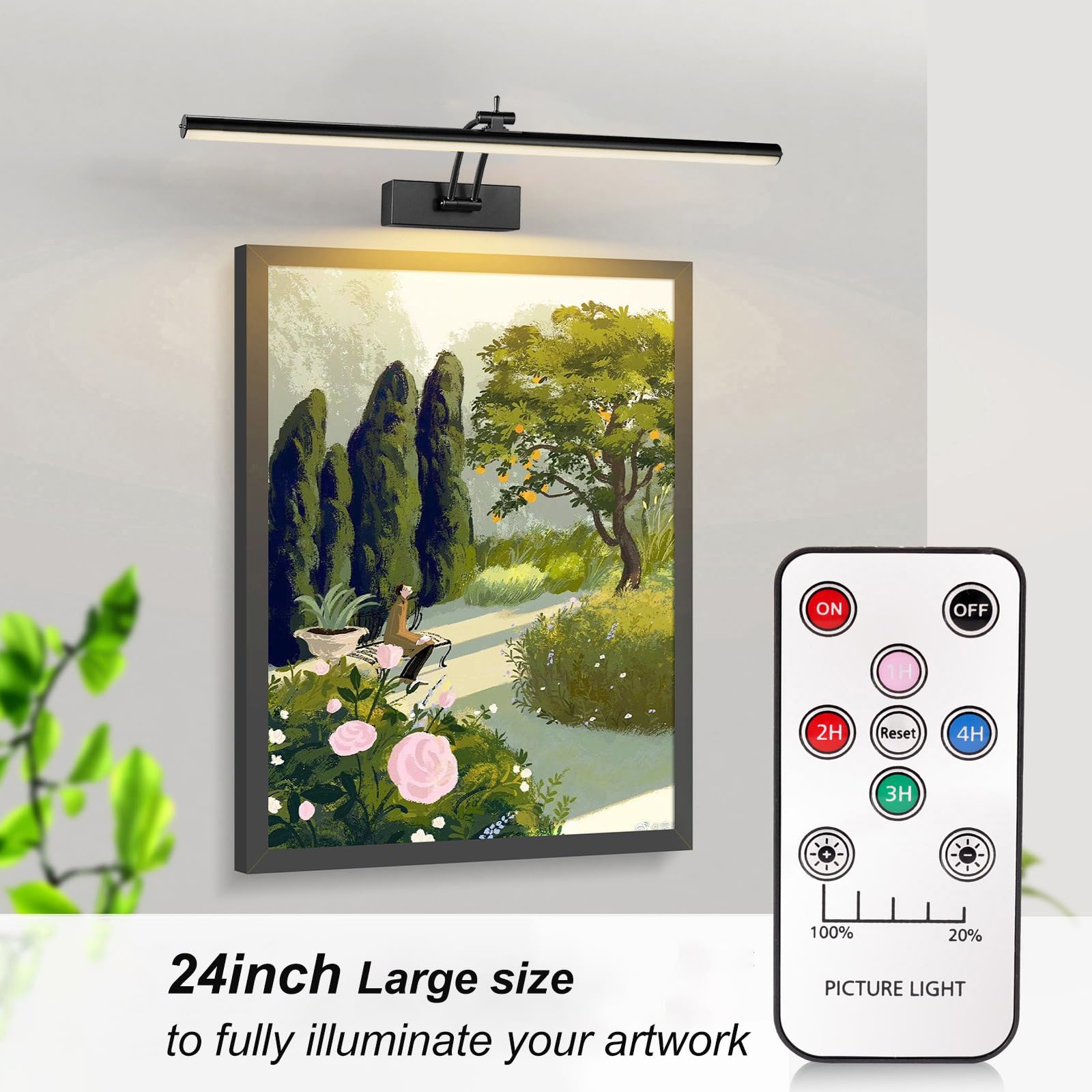Yuichoy 2 Pack 24 inch Picture Light Battery Operated for Wall, Wireless Display Art Lighting for Painting with Remote, Dimmable 6400mAh Picture Frame Lights for Gallery, Black