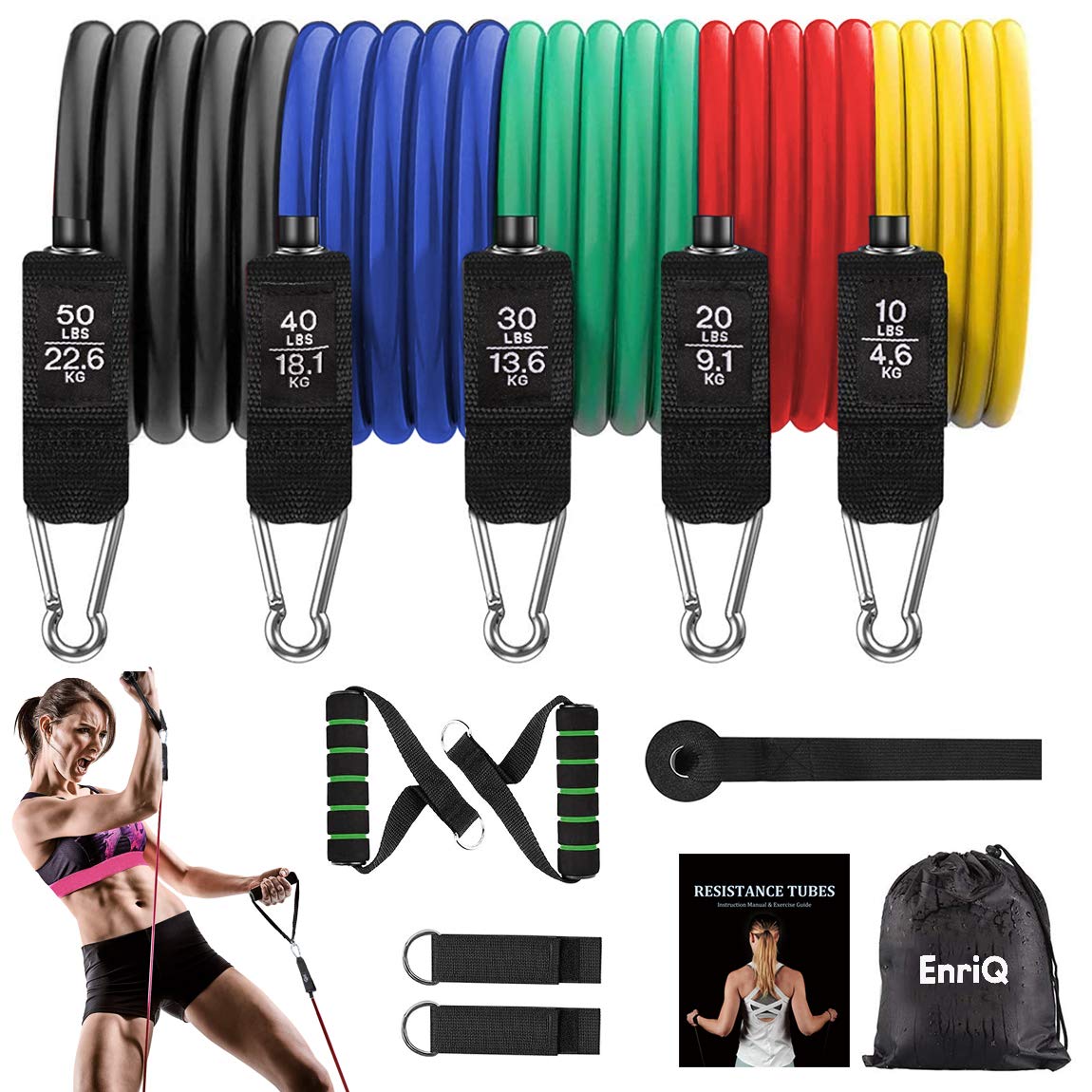 EnriQ Resistance Bands Set,Exercise Workout Bands for Women Men, Resistance Tubes Stackable Up to 150 lbs with Handles, Ankle Straps, Door Anchor Cable Bands for Physical Therapy