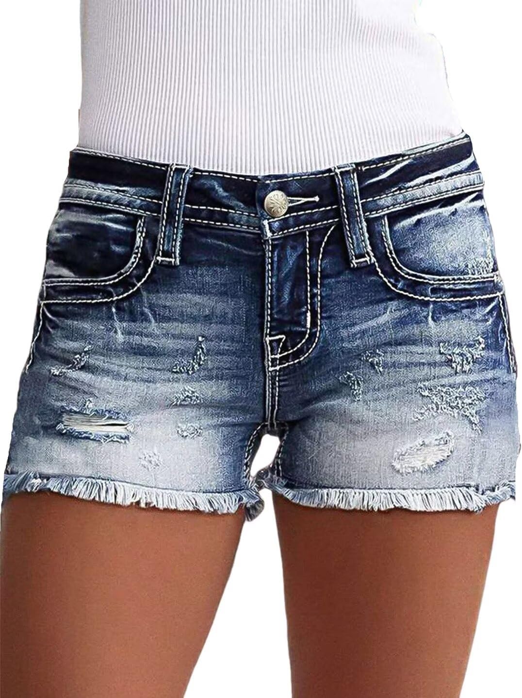Flamingals Jean Shorts for Women Mid Waisted Stretchy Ripped Denim Shorts Raw Hem Curvy Summer Trendy