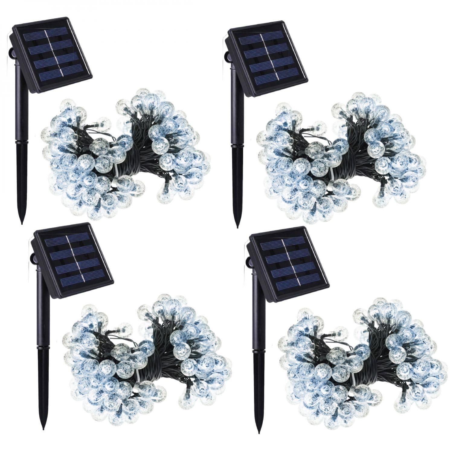 Linxor - Set di 4 ghirlande solari luminose da esterno per giardino o terrazza - Grandi lampadine LED Ø 2,2 cm, 8 modalità - 12 m - Bianco freddo