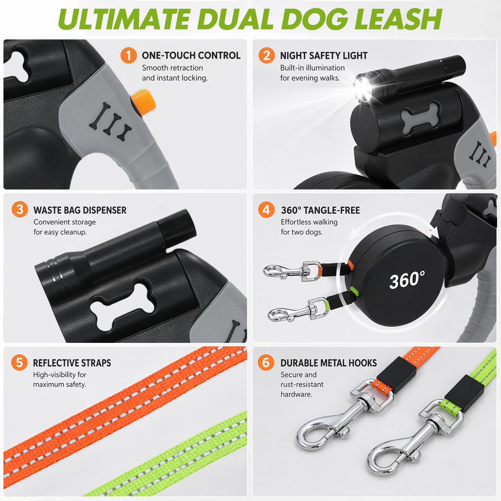 RANJIMA Einziehbare Hundeleine, 3 m Hundeleine Doppelleine Für 2 Hunde Mit Licht, Automatische Hund Versenkbar Leine, Flexileine, Anti Rutsch Griff für Kleine Und Mittelgroße Hunde