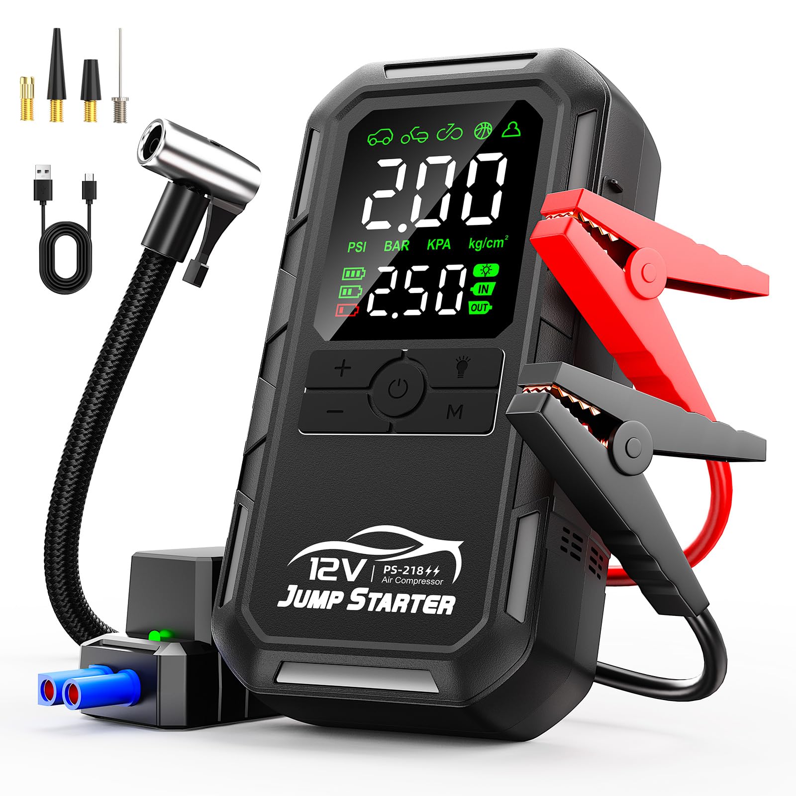 10-in-1 Car Battery Jump Starter with Air Compressor 8000A 160PSI Portable Car Jumper Starter (All Gas 12L Diesel), 12V Jump Box Car Battery Jump Starter Portable Jumper Cables, Lights (8000A)