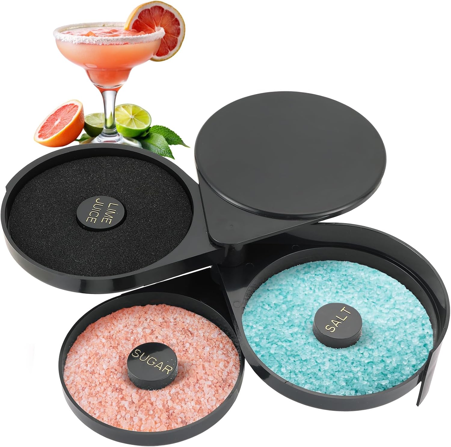 3-Tier Bar Glass Rimmer Bartender Tool with Sponge | Margarita Salt Rimmer Set,Salt Rimmer for Cocktails, 3-Tray Black Plastic Bar Accessories Bartending Supplies (1 Pack)