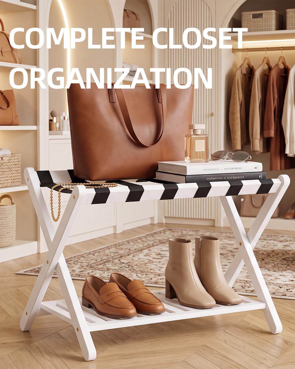 SMIBUY porte-bagages, paquet de 2, porte-valise pliable en bambou avec étagère de rangement pour chambre d’amis, chambre à coucher, hôtel, robuste (blanc)