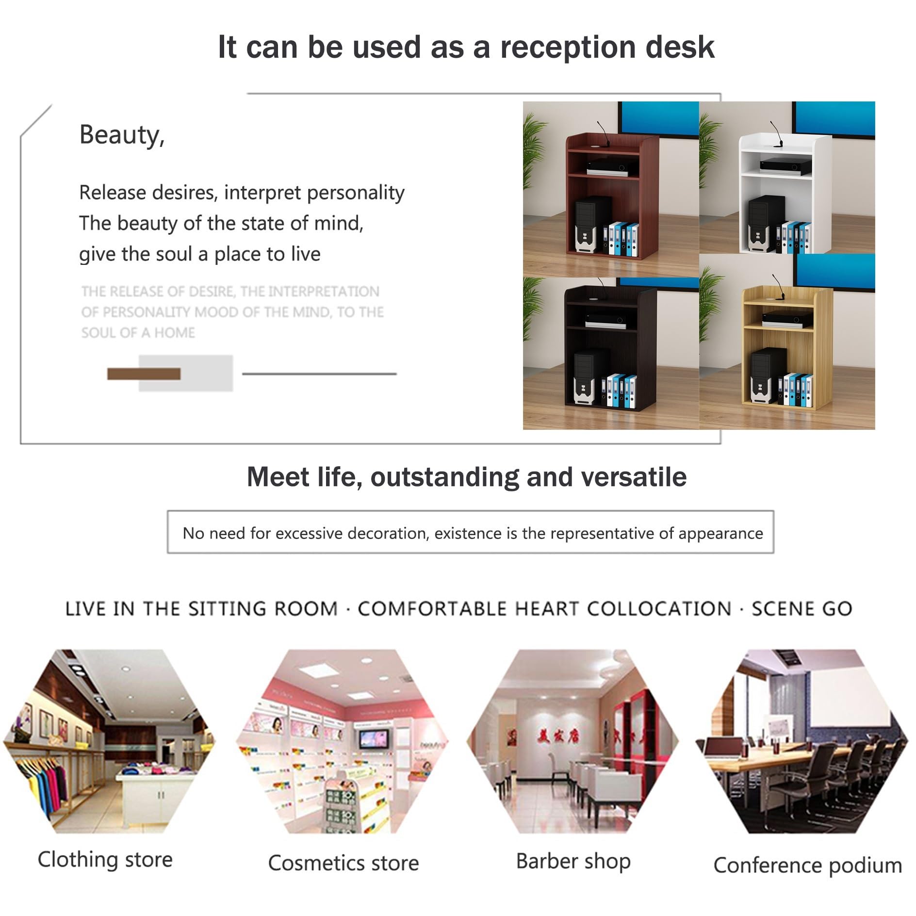 Petit bureau de réception en bois avec étagères ouvertes – Comptoir polyvalent et présentoir de table de conférence pour la maison et le magasin – Solution de réception idéale