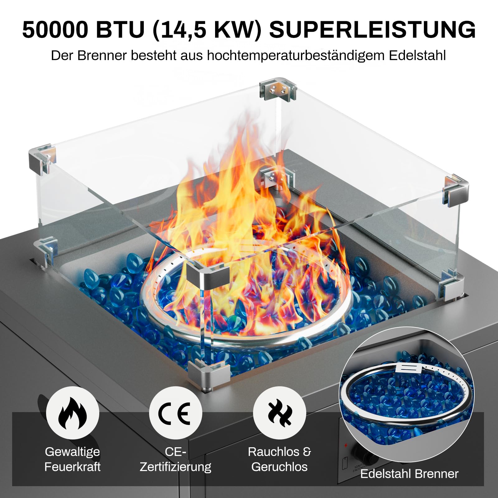 TLGREEN 20" Gas Feuerstelle Outdoor, Feuerstellen für Garten Balkon, 14.5kW | Feuertisch mit Glaswindschutz, Glassteine, Wasserfester Schutzhülle, Gas Gartentisch, Gaskamin, 4PCS Füße, 50x50x62cm