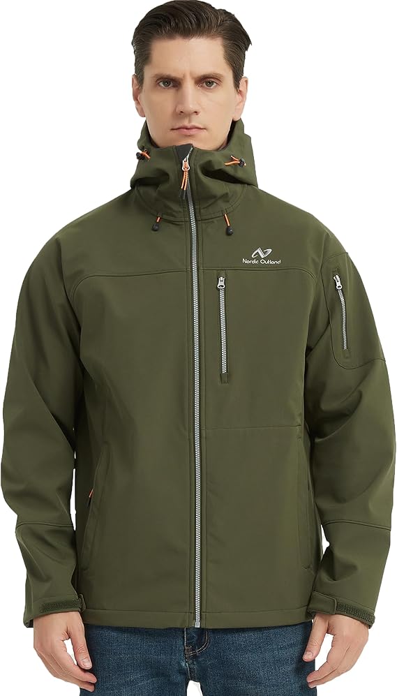 Men's Waterproof Softshell Rain Jacket, Hooded Windbreaker 7 Pockets, Lightweight Shell for Outdoor Activities