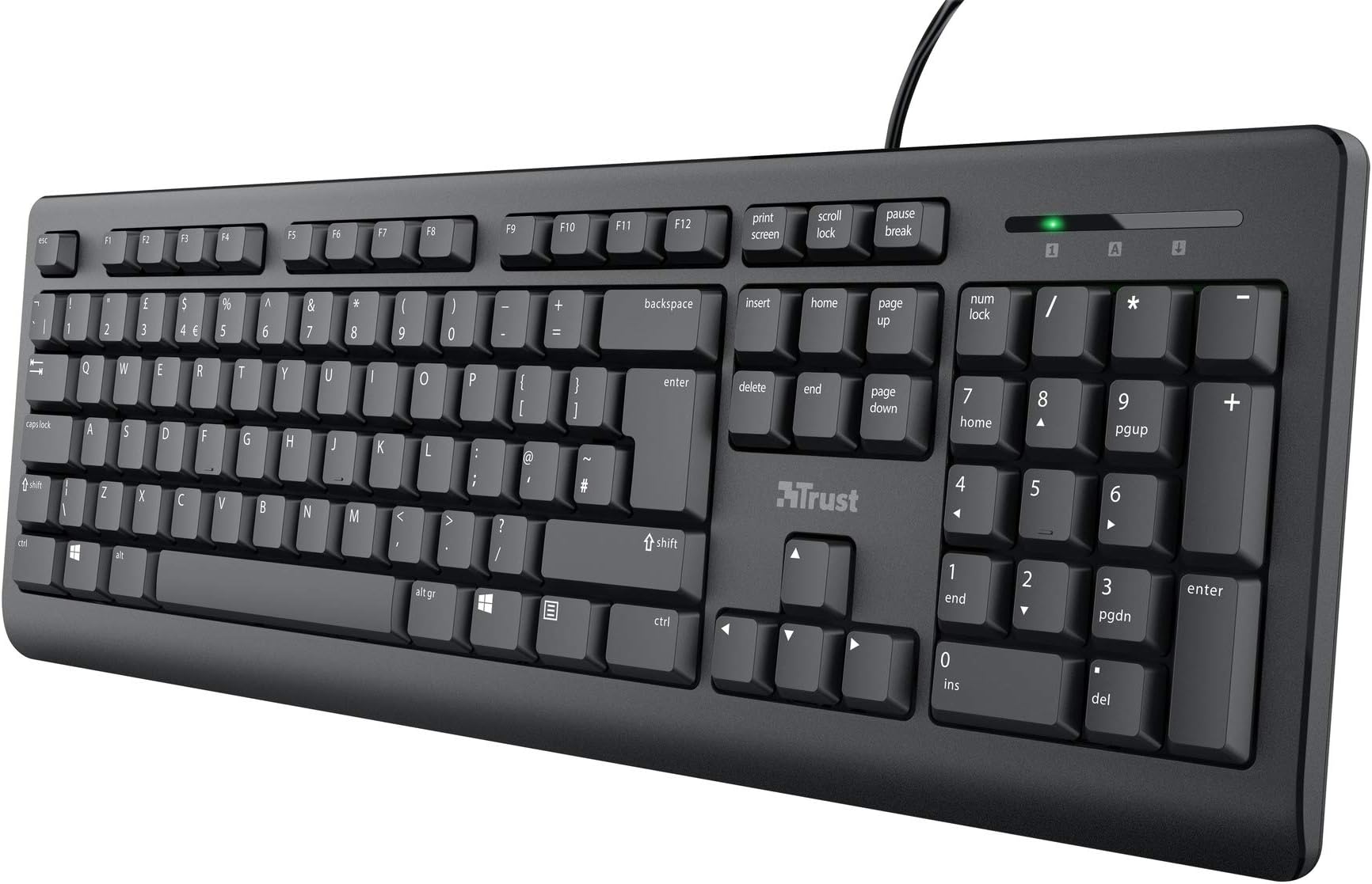 Trust 24095 Taro Wired Keyboard, Qwerty UK Layout, Quiet Keys, Full-Size Keyboard, Spill-Resistant, 1.8 m Cable, USB Plug and Play, Keyboard for PC, Laptop, Mac - Black