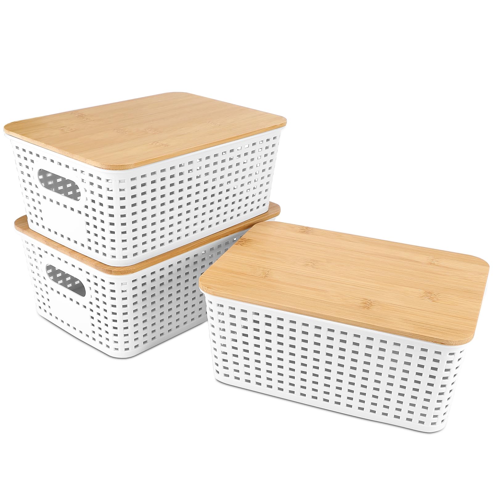 3 Piezas Cestas Almacenaje Plastico Con Tapa Bambú Cestas Organizadoras Cajas Organizadoras PláStico Apilable Asas Blanco Organizador Cajones Para Escritorio,Oficina,CosméTico,BañO,Juguetes