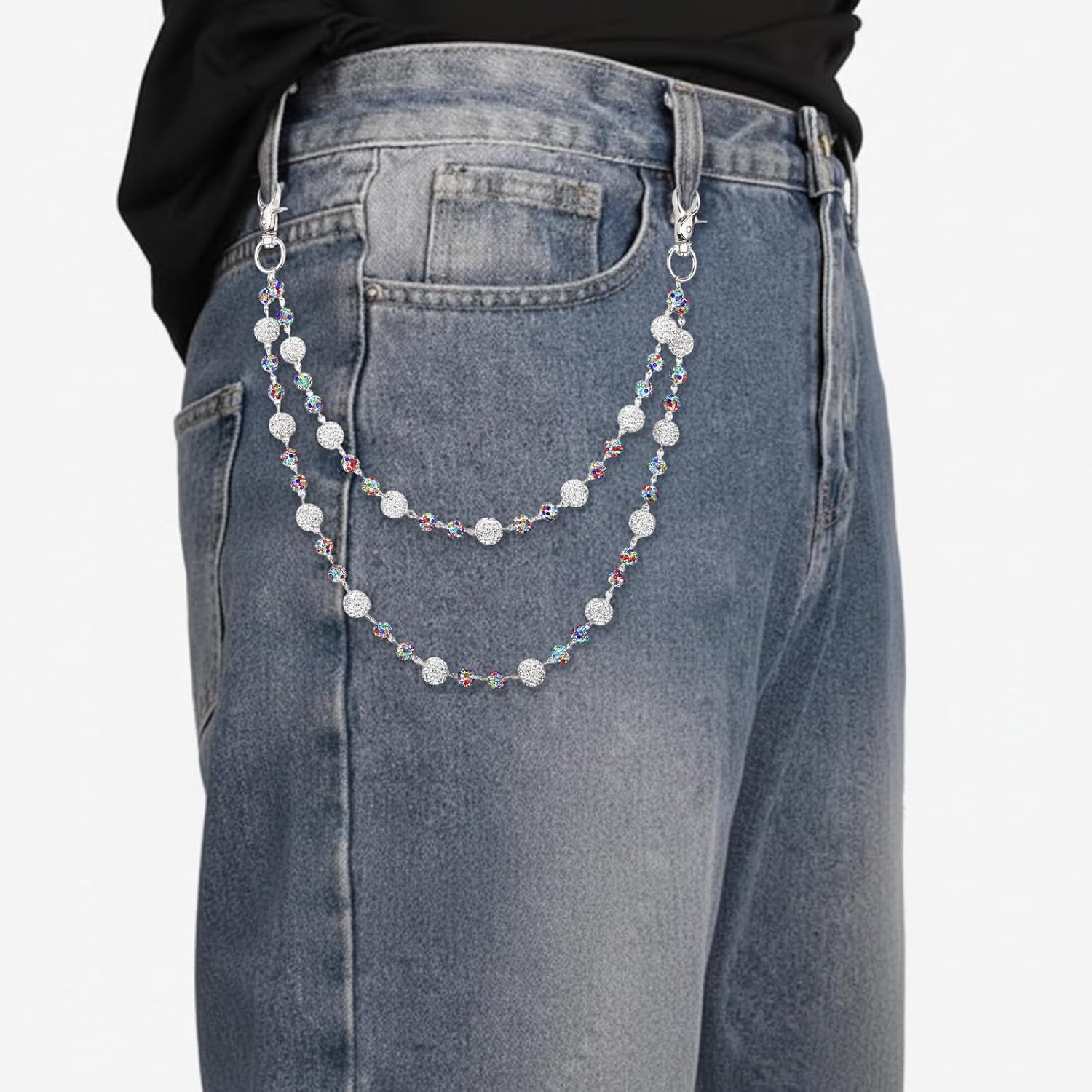 Quelay 6 Pcs Goth Pants Chain Punk Jean Pocket Chains Sparkly Ceramic Beads Wallet Chain Belt Silver Multi Layer Key Hip Hop Chains for Women Men Accessories - Image 3