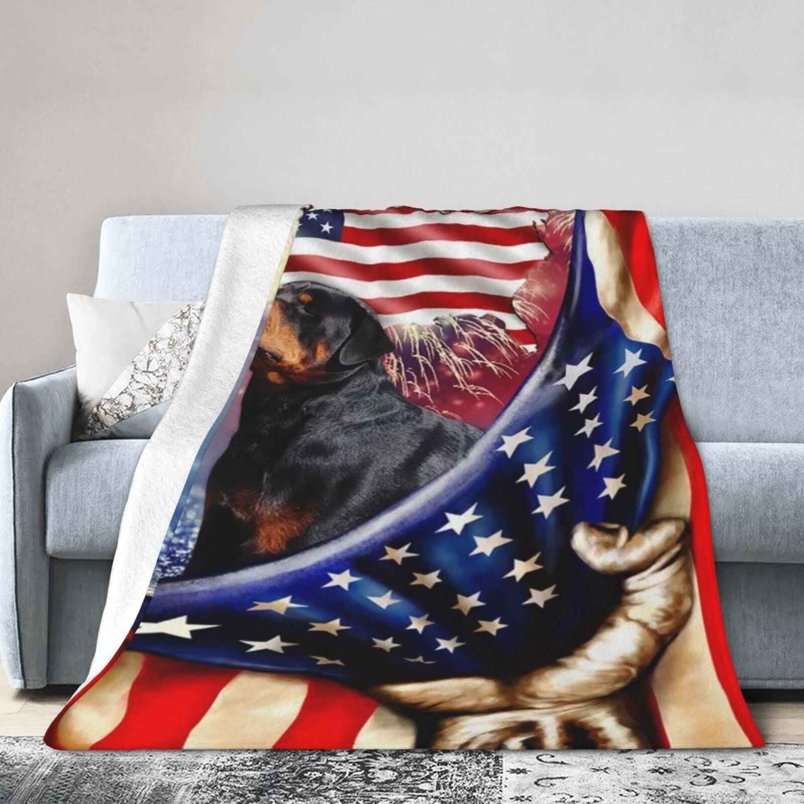 Lsjuee Christmas Flannel Fleece Blanket 60"X50" Happy Independence Day Rottweiler Bed Throw Blanket Weighted Ultra-Soft Travel Winter Blankets for Adult Keep Warm