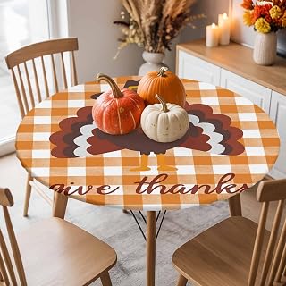 Round Fitted Tablecloth-Autumn Thanksgiving Turkey Waterproof Table Cover for Indoor Outdoor Holiday Party,Orange Buffalo Plaid Give Thank Quote Elastic Edged Tablecloths Fit Up 55"-60" Tables