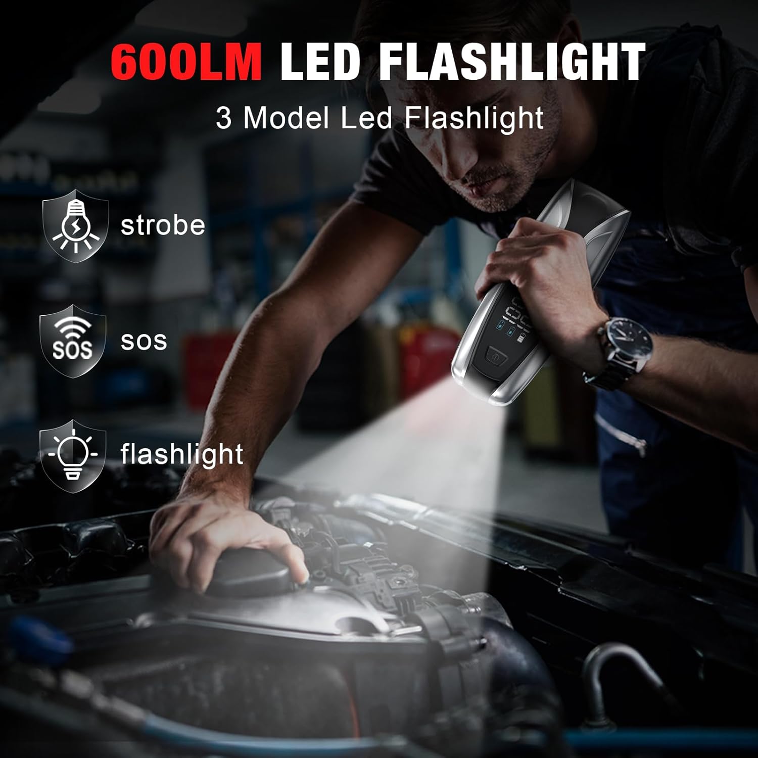 Person using the NEXPOW jump starter's LED flashlight to illuminate a car engine