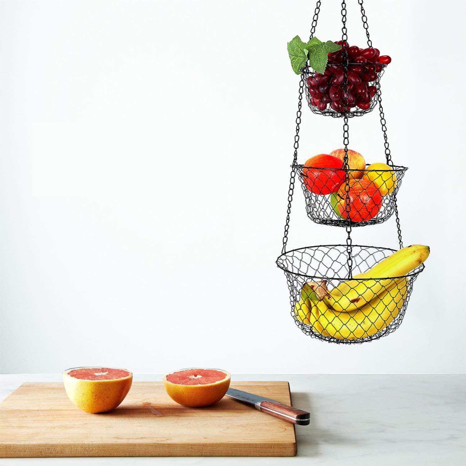 Home Bay Fruit Hub, Hängender Obstkorb für die Küche, 3-stöckige Etagere aus Draht, Obst- und Gemüseaufbewahrung, Wandmontage, Schwarz, Rund, Hängekorb für Schrank oder Decke
