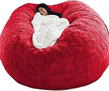 NIBHZ Bean Bag Chairs No Fillings, 5/6/7ft Giant Bean Bag Cover for Adults, Big Round Soft Fluffy Faux Fur Bean Bag Lazy Sofa Bed Cover, Machine Washable,red-5FT