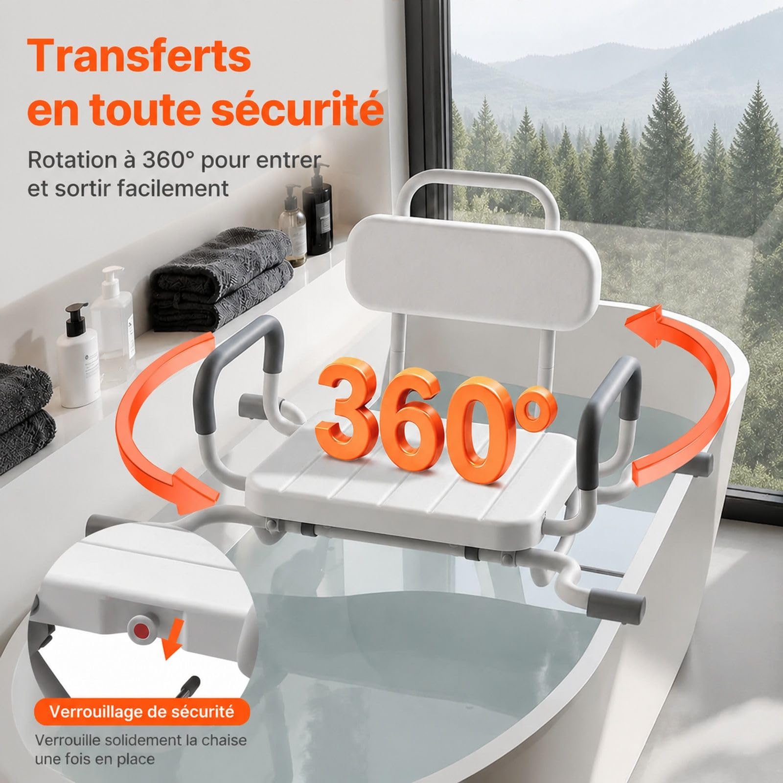 Siège de Baignoire pivotant, Banc de Transfert pour Baignoire avec Dossier et accoudoirs, Installation sur Baignoire, Chaise de Douche pour Salle de Bain