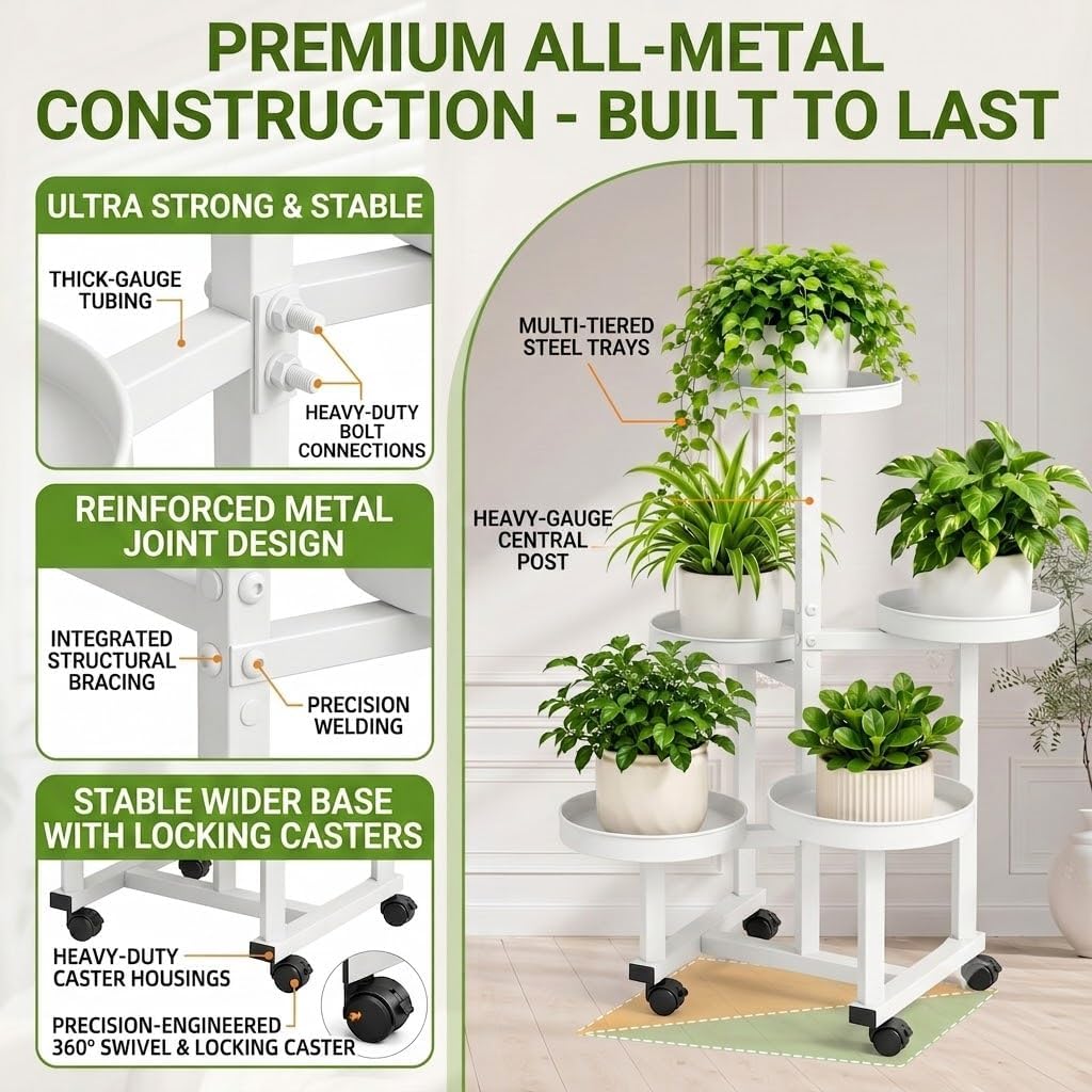Indoor Plant Stand with Wheels, 5 Tier Metal Flower Shelf for Garden Patio Balcony Living Room Outdoor, Movable Multi Plant Holder Display Rack with Lockable Wheels, (White) image 4