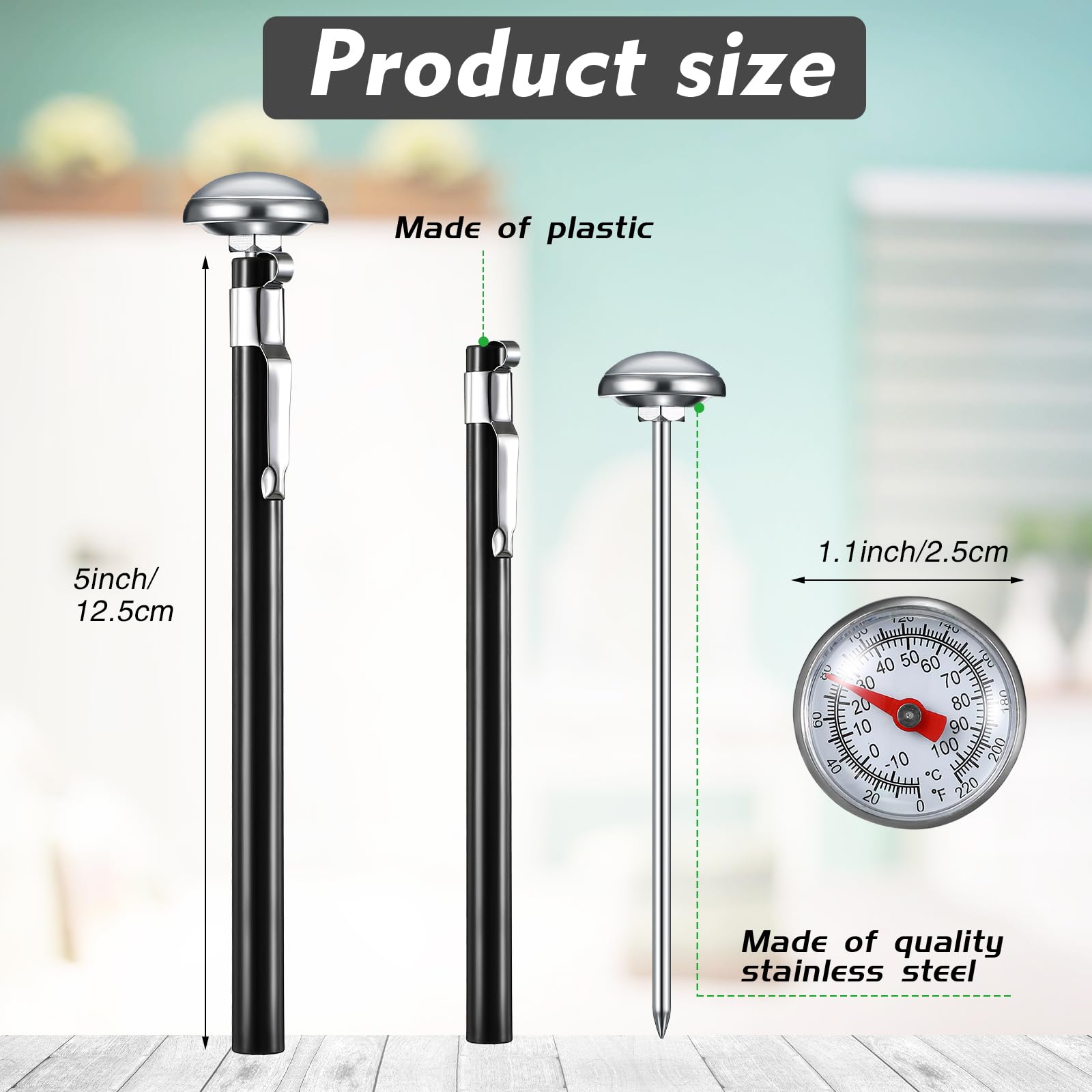 Xuhal Lot de 12 thermomètres de cuisine en acier inoxydable avec tige de 12,7 cm de long, cadran de 2,5 cm, thermomètre à mousse de lait pour four, sonde de viande, barbecue, cuisson, chocolat, eau