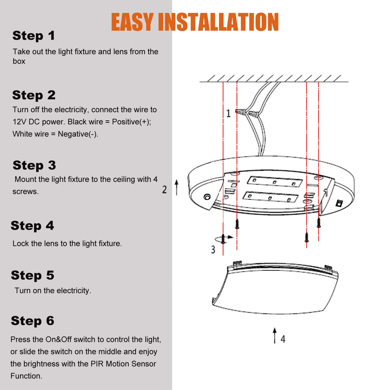 Buy Facon LED Ceiling Dome Light with Switch and PIR Motion Sensor, RV