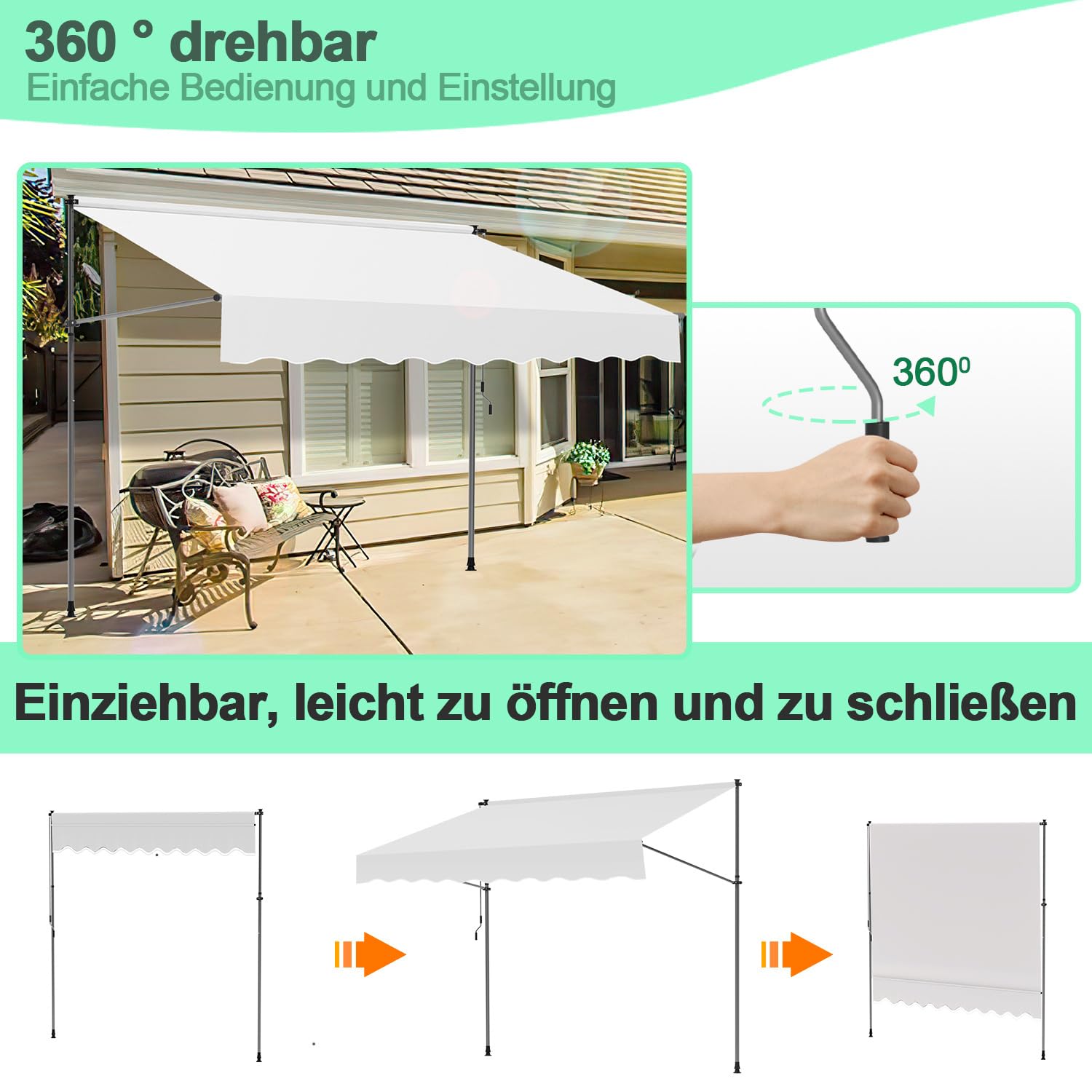 Toldo con sujeción de 300 cm de ancho con manivela manual, toldo para balcón sin necesidad de perforación, toldo ajustable en altura con protección UV50+ y repelente al agua, montaje