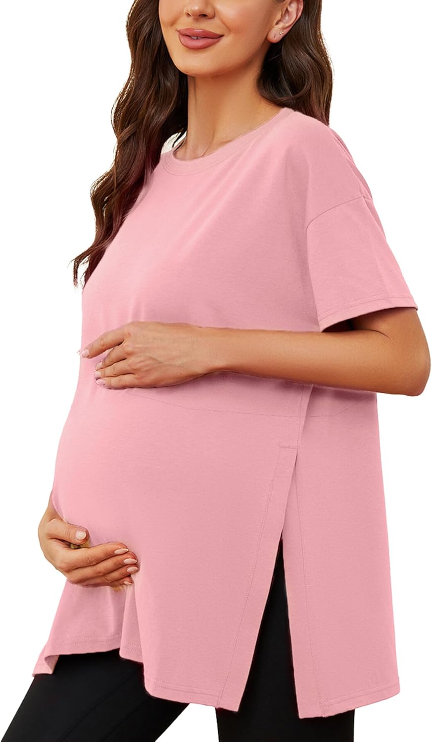 Ecavus Women's Casual Maternity Shirts Split Side Pregnancy Tops Blouses Short Sleeve Loose Fit Maternity Clothes