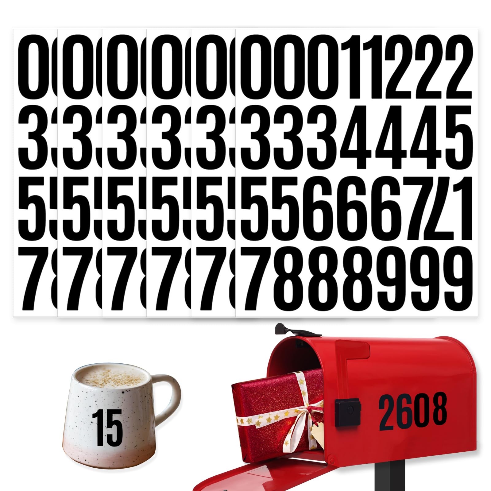 YINBEI 6 Sheets 2 Inch Mailbox Numbers Stickers Vinyl Decals,Self Adhesive Number Waterproof House Address Numbers for Outside Mailbox,Signs,Window,