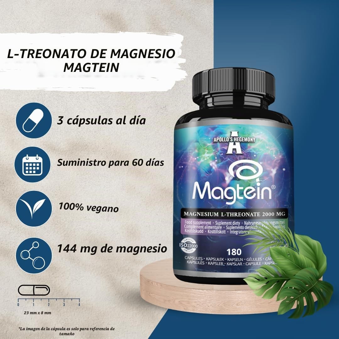 Magtein® Magnesio L-Treonato 144 mg per dose giornaliera - 180 capsule vegane - fornitura per 60 giorni - per il supporto delle funzioni cognitive - da Apollo's Hegemony