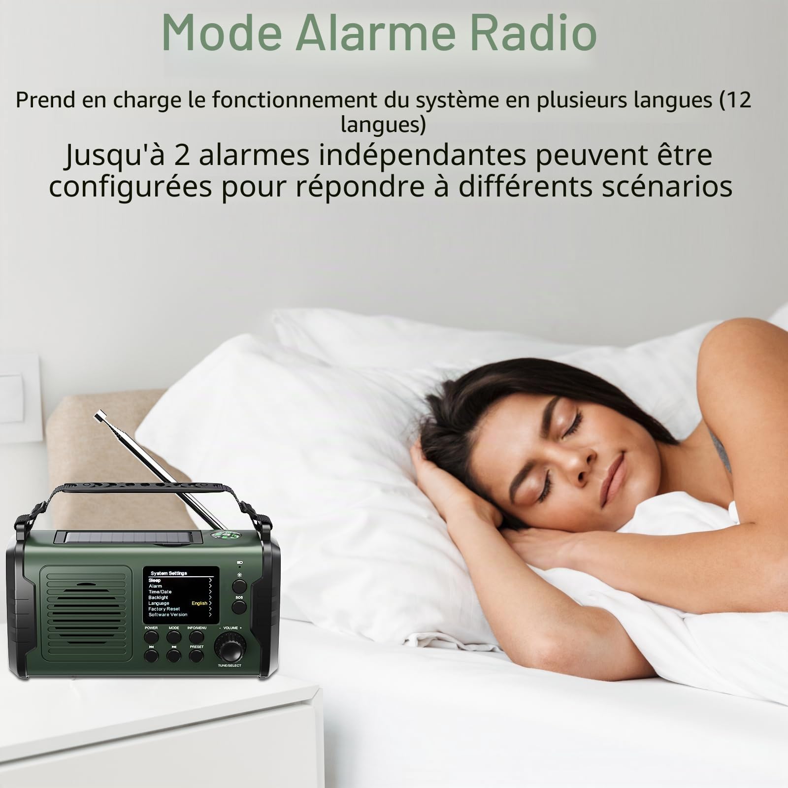 20000mAh Radio Solaire, Dab/Dab+/FM Radio à Manivelle, 3 Méthodes de Recharge, 11 en 1 avec Bluetooth 5.3, Batterie Externe, SOS, Lampe Torche, Boussole,Carte TF et Lampe de Lecture