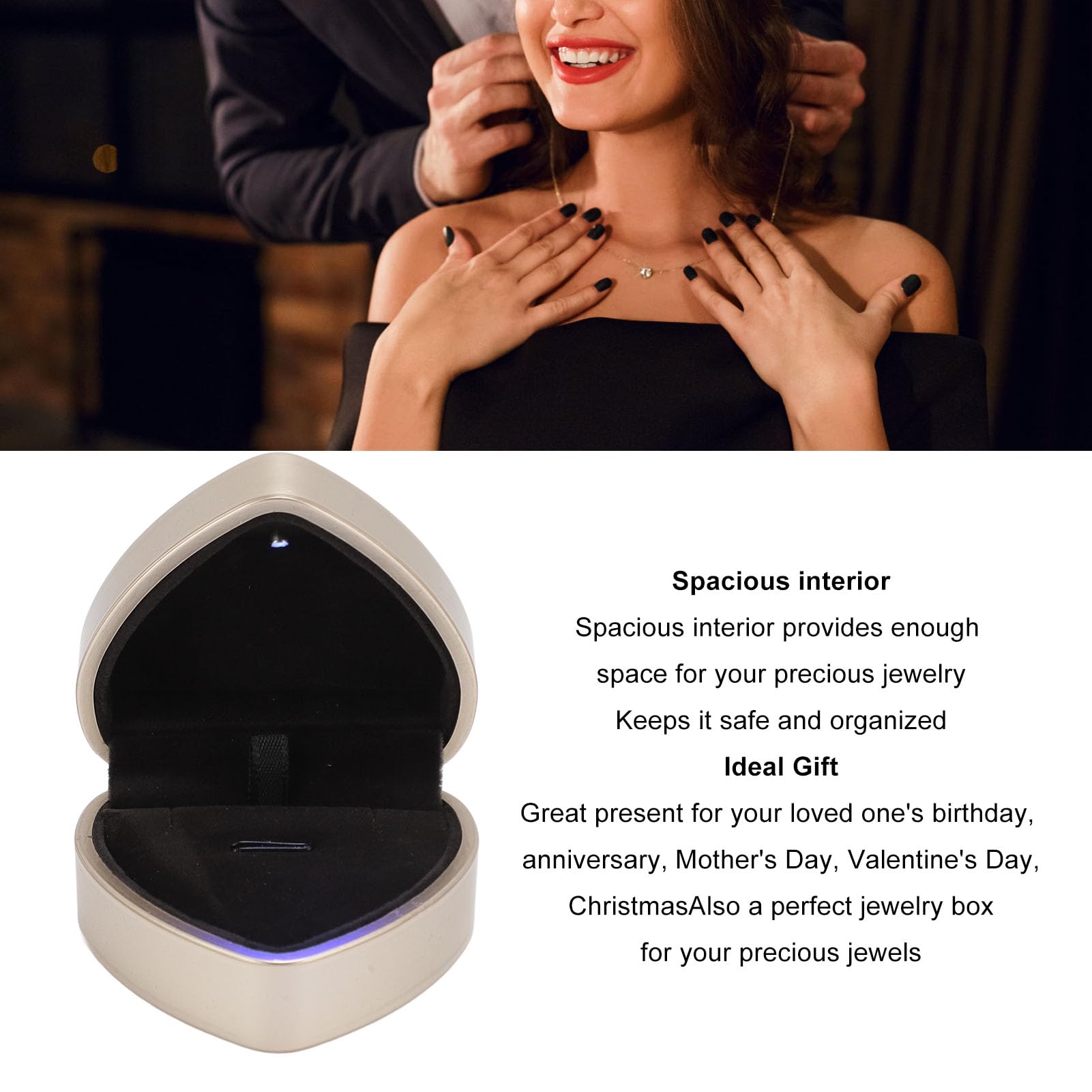 Scatola Regale Con Led A Cuore Per Gioielli | Pelle PU Nera, Velluto Bianco, Per Collana E Orecchini