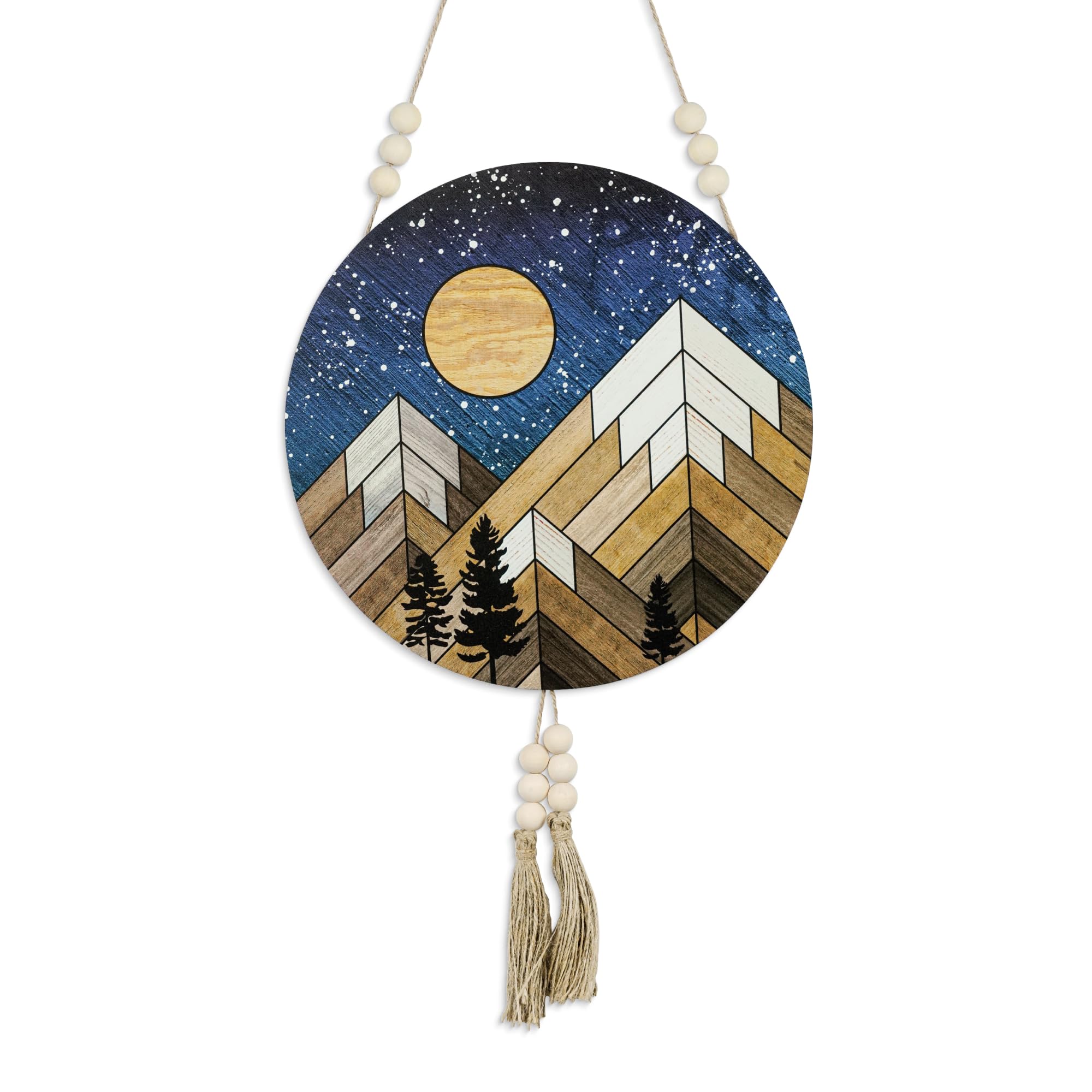 Putuo DecorRound Wooden Aztec Wall Decor, 11.8" Mountain and Moon Design - Nature-Inspired Home Decor, Ideal for Rustic & Natural Scenery Lovers, Perfect for Living Room and Cabin Settings