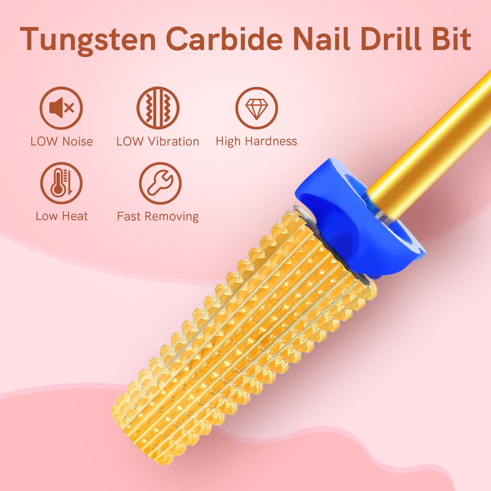 SQULIGT Nagelbohrer, multifunktional, gerader Schnitt für Links- und Rechtshänder, 5-in-1 Hartmetall-Wolframstahl-Bits für Acryl-Nagelgel, schnelles Entfernen (M, Gold)