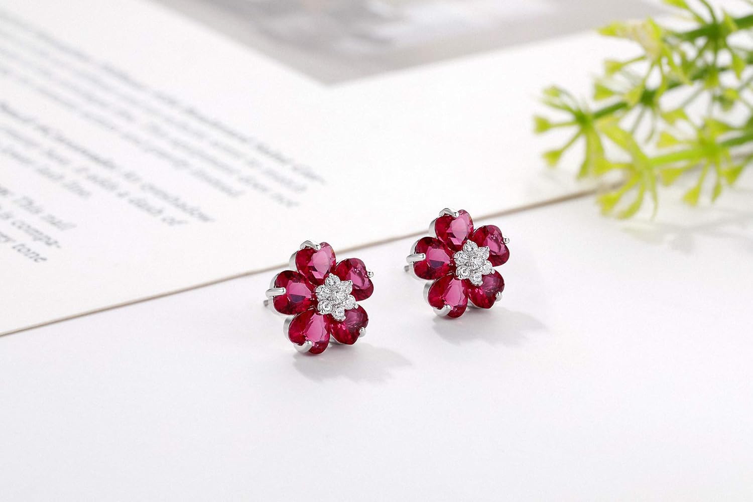 KRUCKEL Orecchini A Fiore In Argento 925 Con Zirconi Rossi E Trasparenti, Ipoallergenici