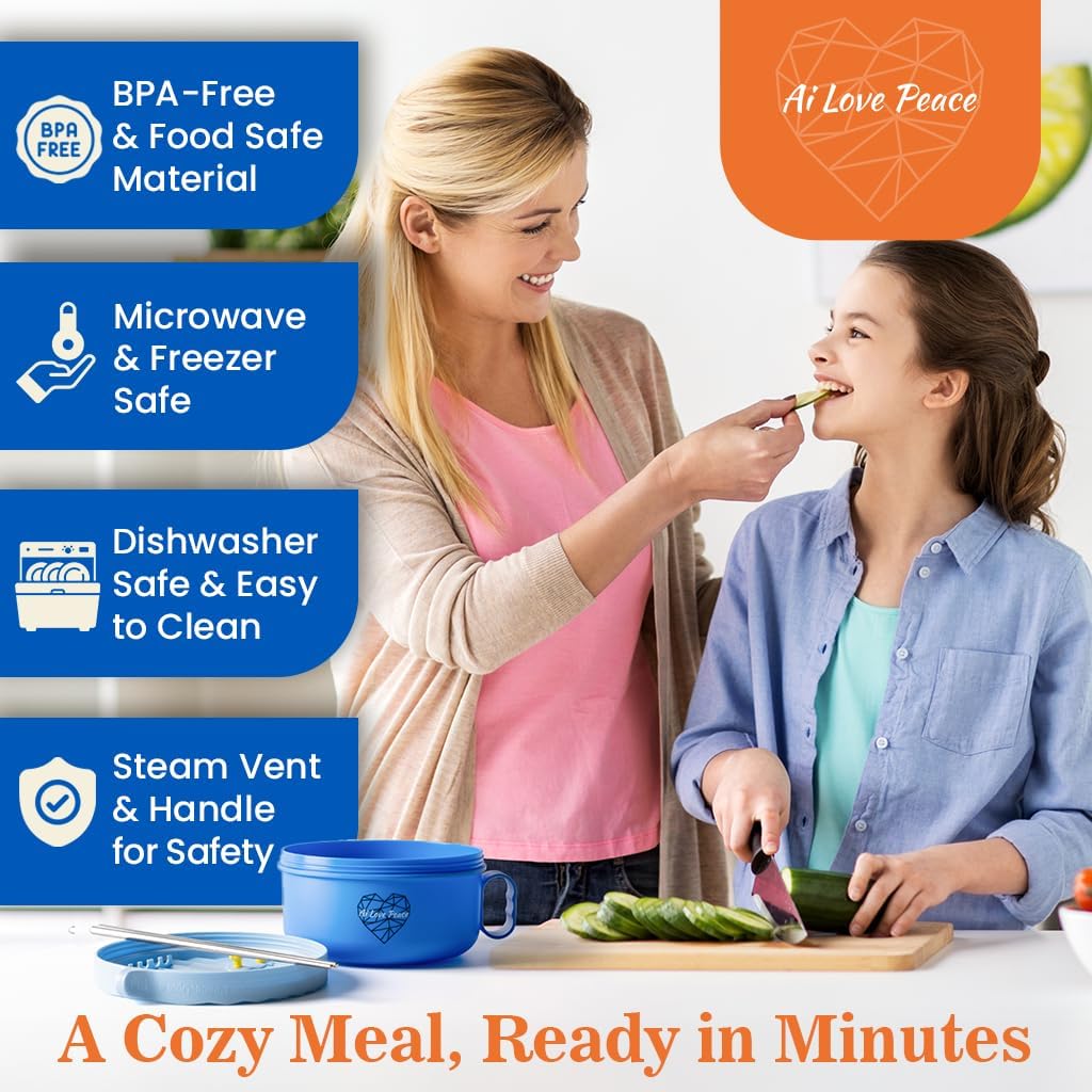 Ramen Cooker Bowl 40oz, Microwavable with Lid, Home Office Dorm Gift, Blue image 4